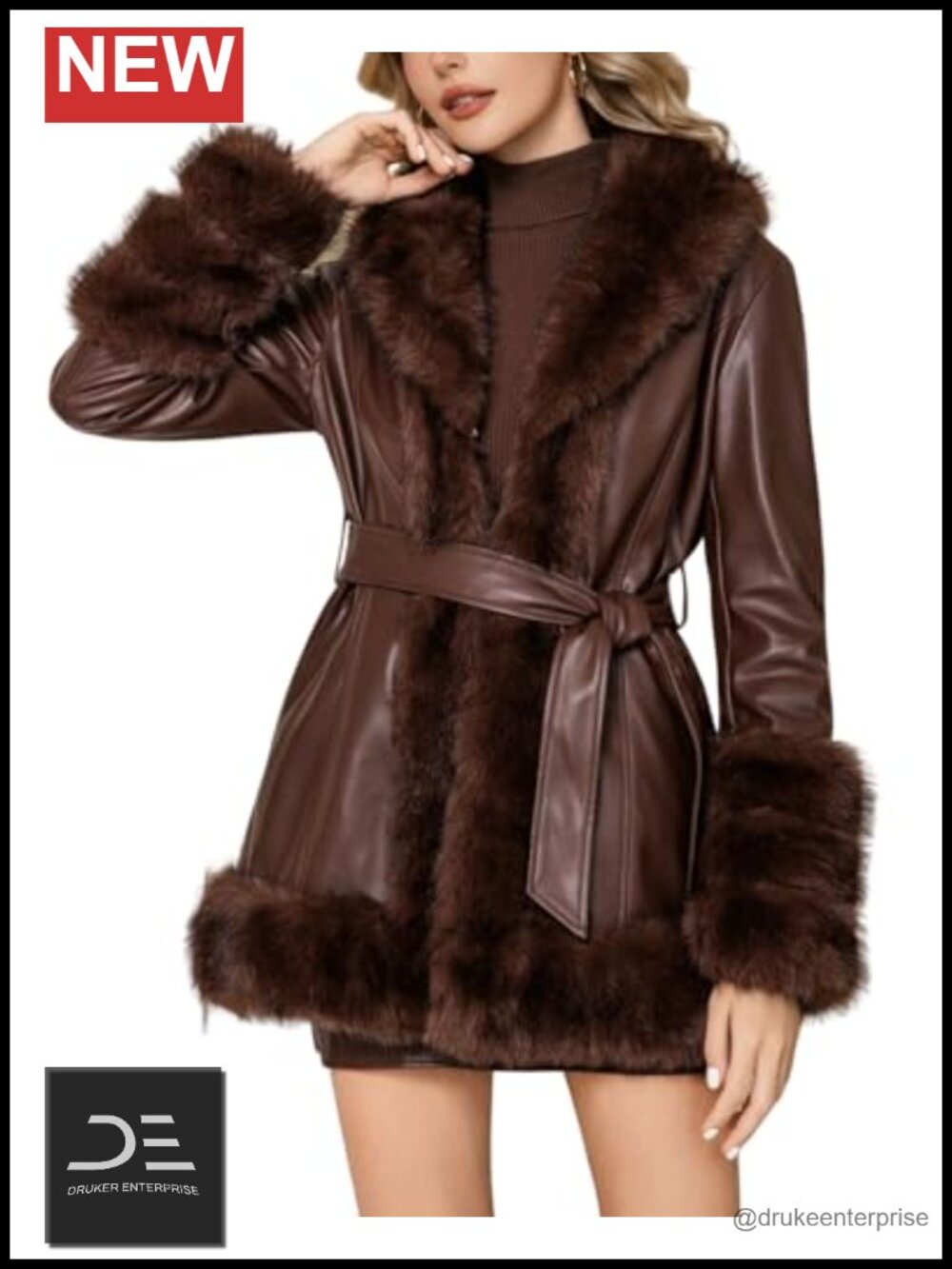Faux Fur Faux Leather Jacket Fur Lined Parka Belted Overcoat